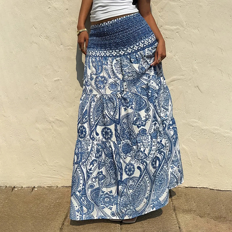 Women's Boho Floral Print Maxi Skirt - Elastic Waist A-Line Long Skirt For Spring&Summer Casual Beach Skirt