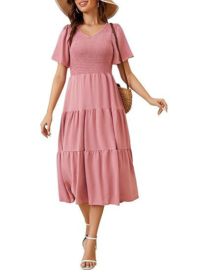 Spring Summer Short Sleeve V-Neck Ruffled Dress