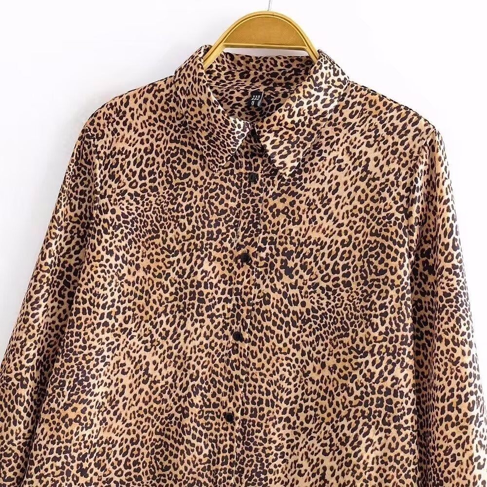 Women's Animal Print Satin Texture Long Sleeve Shirt