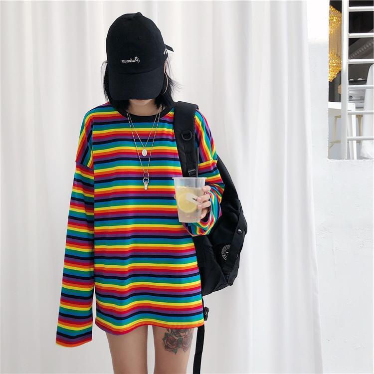 Cute girl rainbow stripes loose wild long-sleeved T-shirt
