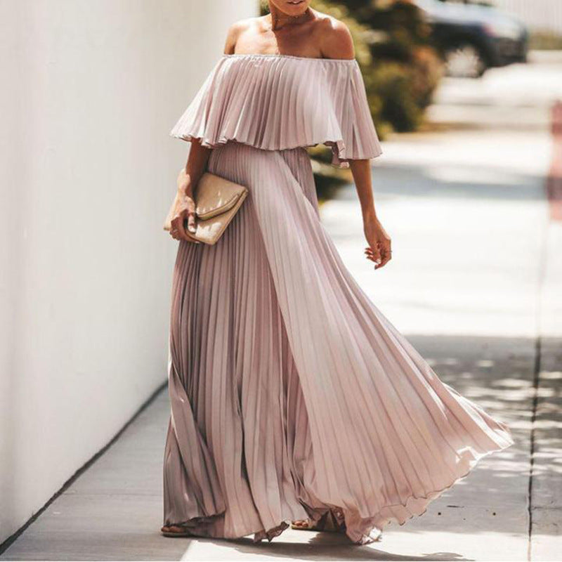 Spring new women's dress off-the-shoulder one-line shoulder pleated chiffon party dress