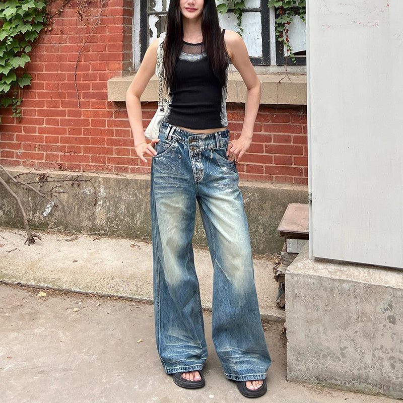 Irregular Waist Straight Design Sense Niche Retro Distressed Lengthened Mop Pants