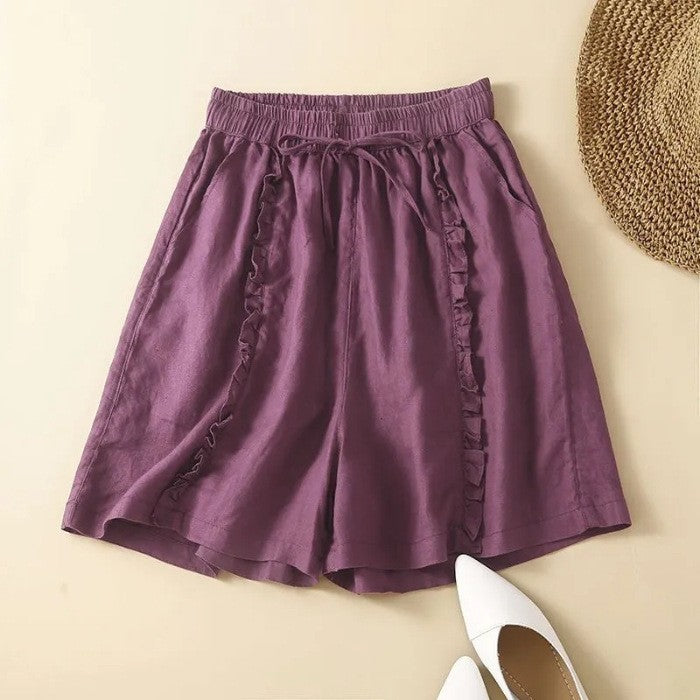 Cotton, linen and black ear trim design wide-leg shorts, women's artistic, retro, loose and casual five-inch mid-length pants