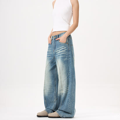 Wide-leg Blue Jeans Deconstruct Stitching Men And Women