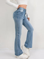 Light blue flared jeans are versatile and slimming for women. Long hoof-shaped jeans for women