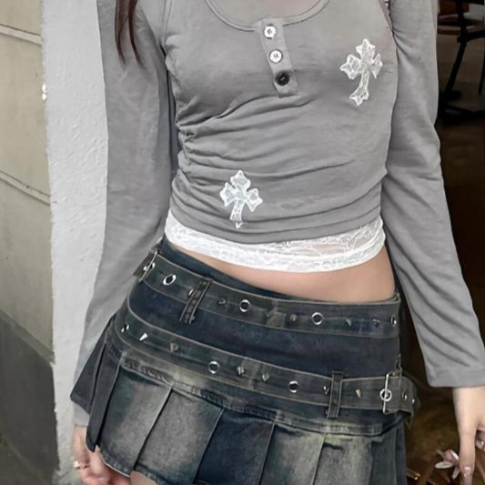 American Retro Large Size Washed Pleated Denim Skirt