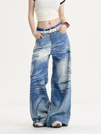 American Retro Sweet Cool Printed Wide-leg Jeans Women's Loose Slimming