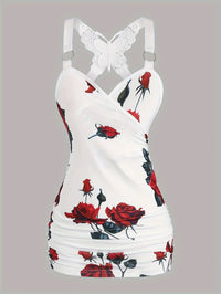 Spring And Summer New Women's Rose Print Pleated Suspender Cross Tank Top