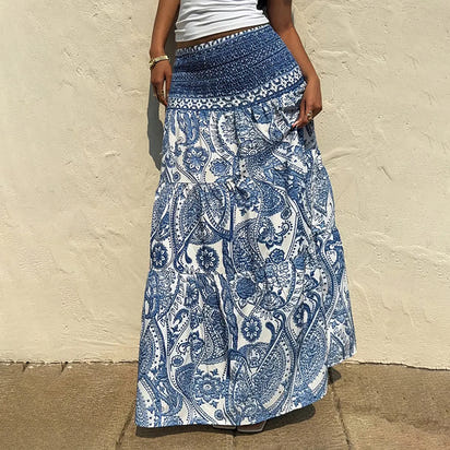 Women's Boho Floral Print Maxi Skirt - Elastic Waist A-Line Long Skirt For Spring&Summer Casual Beach Skirt