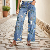 Women's Printed Denim Spring And Autumn Straight Wide-leg Pants
