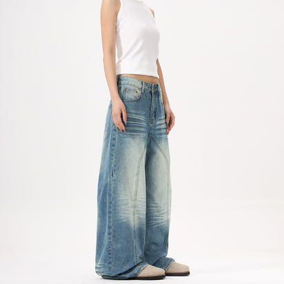 Wide-leg Blue Jeans Deconstruct Stitching Men And Women