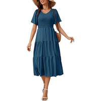 Spring Summer Short Sleeve V-Neck Ruffled Dress