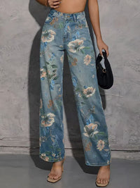 European And American Ladies Printed Pattern Casual Straight-leg Denim Trousers