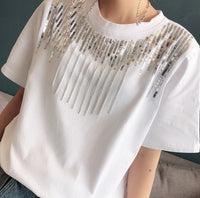 Sequin Rhinestones Tassel Women's Short Sleeve Spring And Summer New