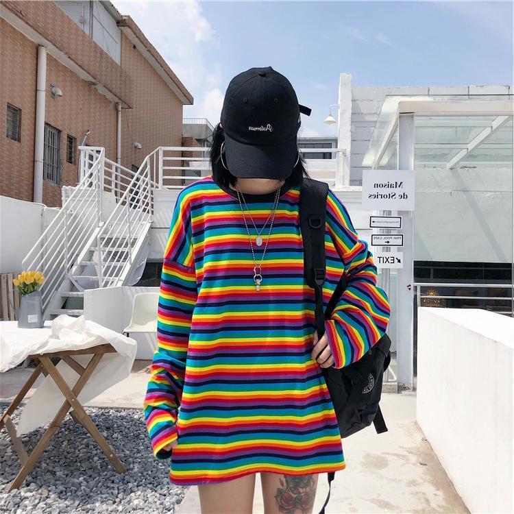 Cute girl rainbow stripes loose wild long-sleeved T-shirt