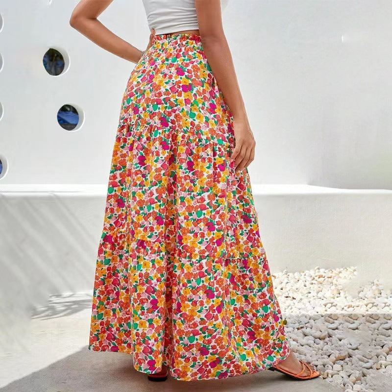 Flower Print Elastic Waist Skirt