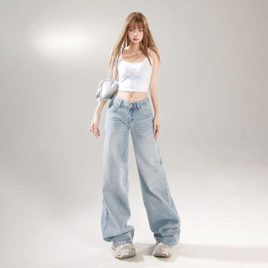 American retro low-waisted hot girl loose wide-leg pants, versatile spring and summer straight-leg jeans, women's trousers plus
