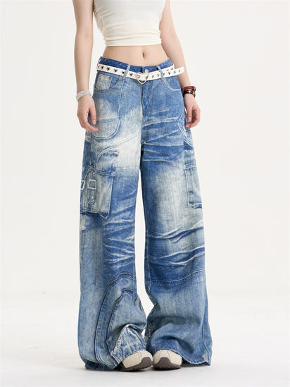 American Retro Sweet Cool Printed Wide-leg Jeans Women's Loose Slimming