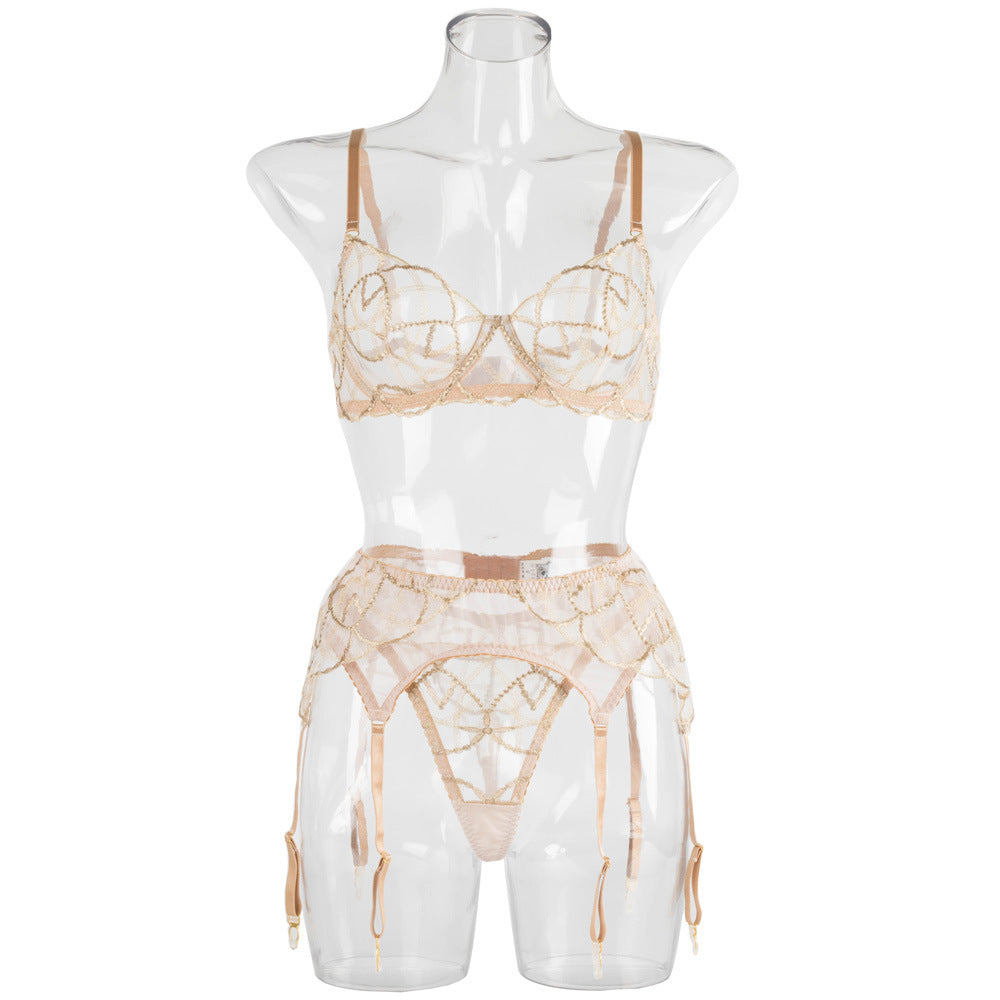 Push Up Embroidery Transparent Tempting Garter Sexy Lingerie Body Shaping Two-piece Suits