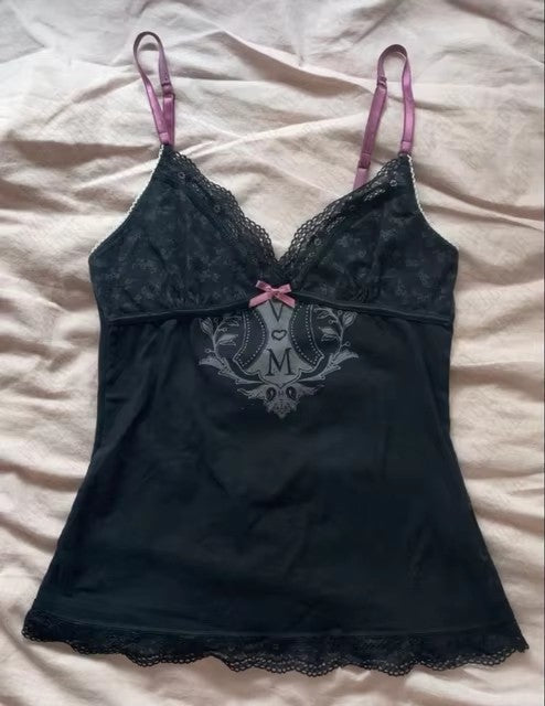 Bow Lace Trim Printed Sleeveless Tank Top