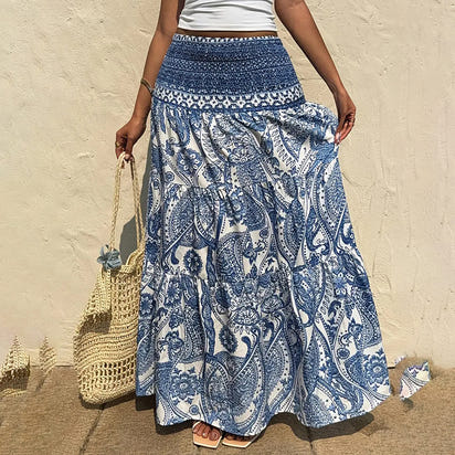 Women's Boho Floral Print Maxi Skirt - Elastic Waist A-Line Long Skirt For Spring&Summer Casual Beach Skirt