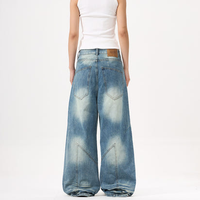 Wide-leg Blue Jeans Deconstruct Stitching Men And Women