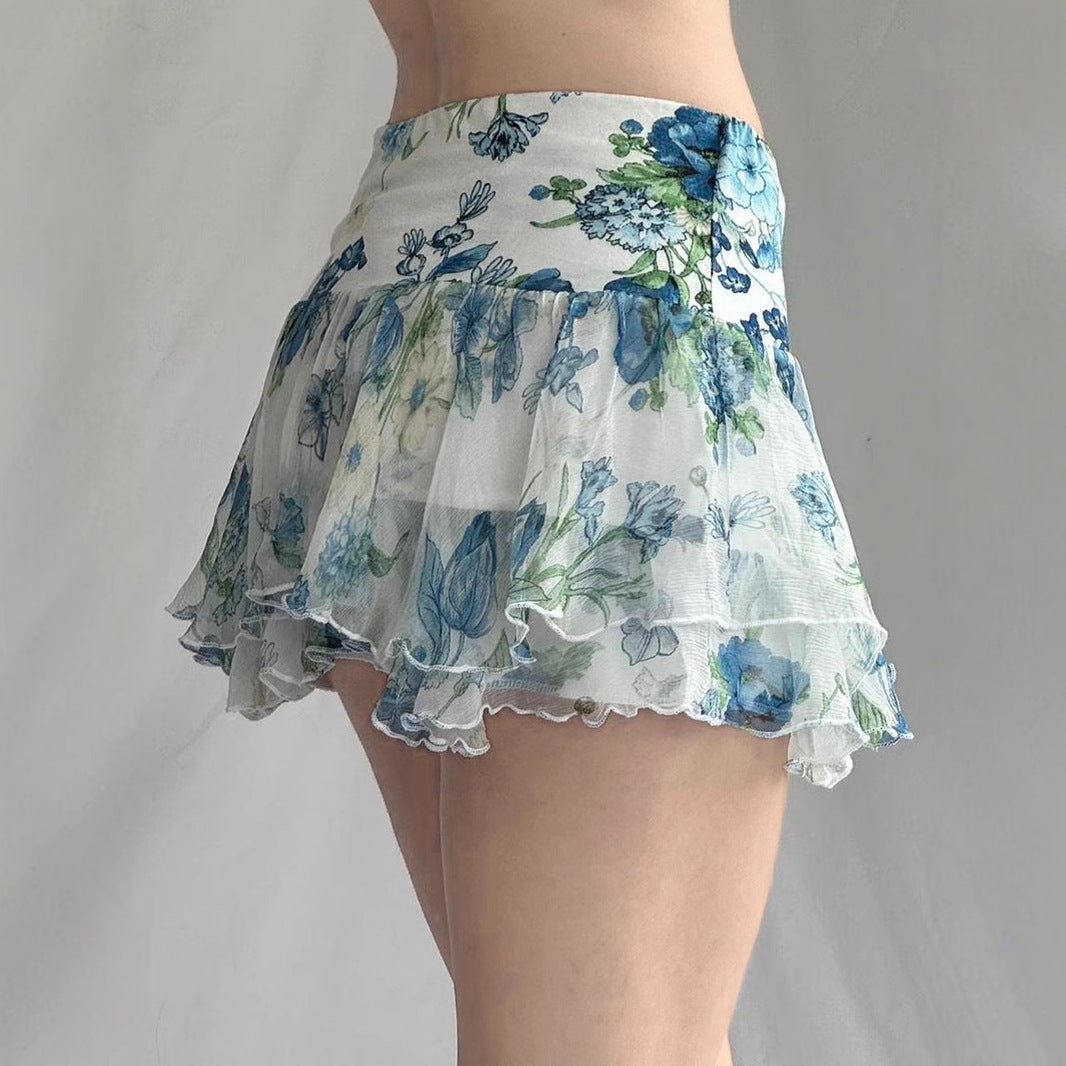 American Street Style Mesh Floral Print Irregular Skirt