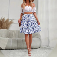 Floral Print Stretch Waist Skirt Knee Layered Hem A- Line Skirt