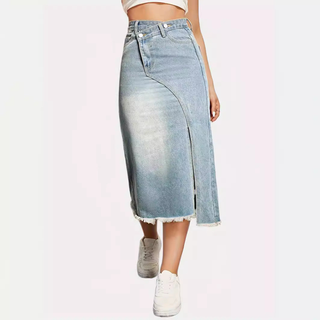 American Retro Denim Split Stitching Skirt