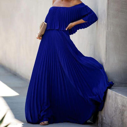 Spring new women's dress  off-the-shoulder one-line shoulder pleated chiffon party dress