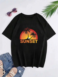 Hong Kong Style Sunset Pattern Printed Short-sleeved T-shirt