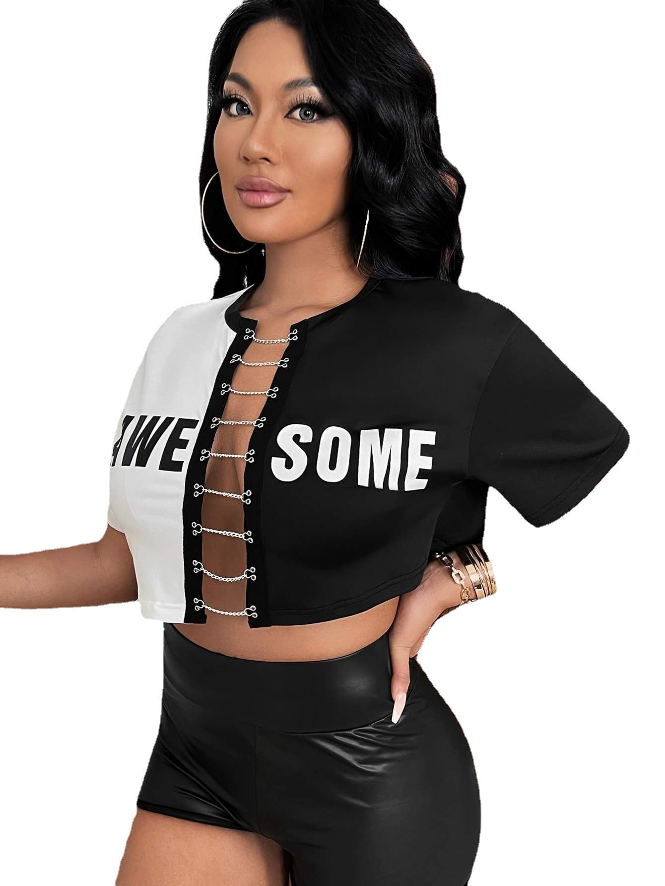 Europe and the United States new women's cross-border fashion letter cardigan T-shirt Amazon selling round neck color chain shirt