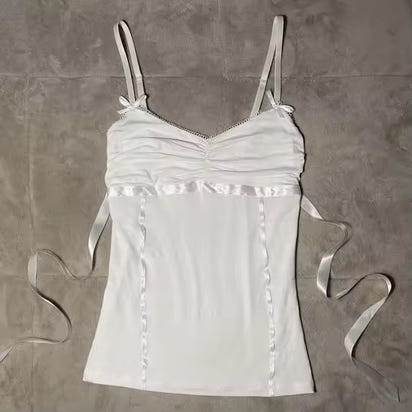 Bow Lace Trim Printed Sleeveless Tank Top