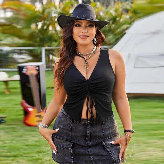 String Sleeveless Sexy Split Back Tank Top With Drawstring