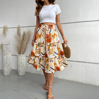 Women's Floral Tiered Midi Skirt Elastic Waist Dressy Casual A-line Flowy Boho Skirts