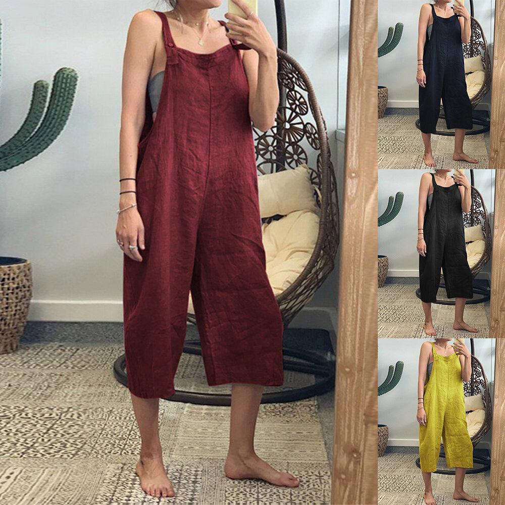 Summer solid-colored cotton overalls, seven-tenths loose casual overalls