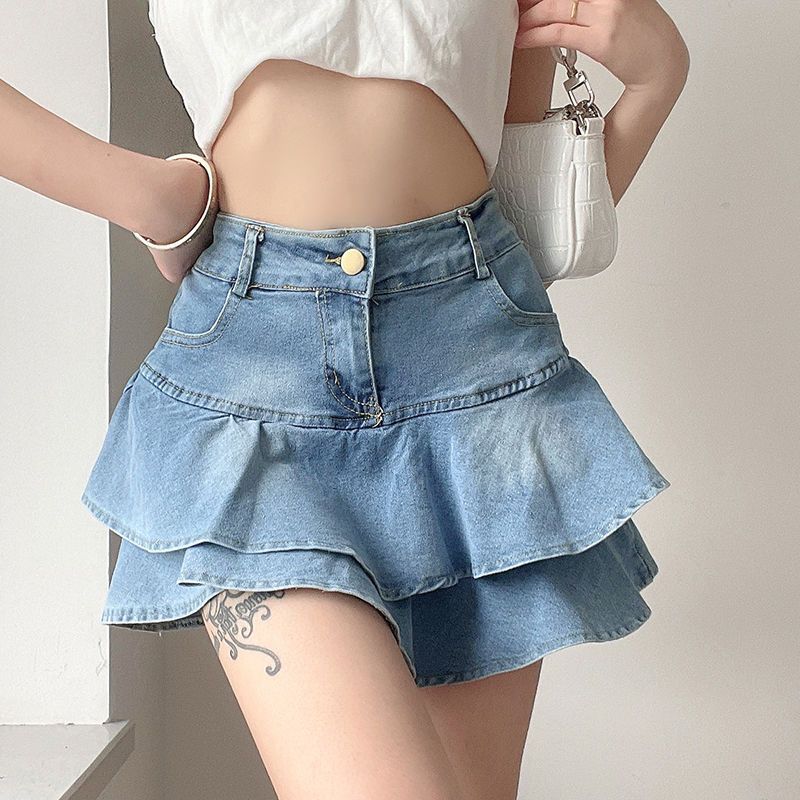 Women's Double-layer Ruffled Denim Skirt Retro Easy Matching High Waist Slimming