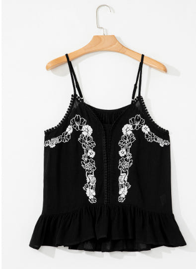 Black Floral Embroidery Ruffled Spaghetti Straps Tank Top