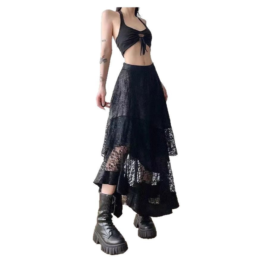 Dark Style Hot Girl Lace Stitching Skirt Irregular