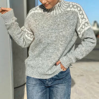 Grey high-neck sweater, jacquard design on the sleeves, loose-fitting pullover sweater