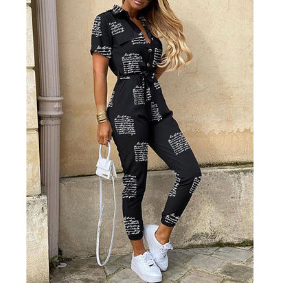 Women's casual lapel printed belt workwear jumpsuit
