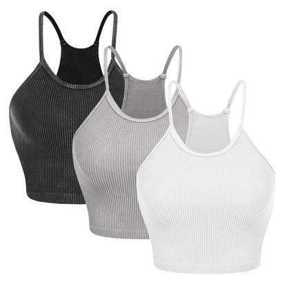 3 Pack Women Crop Basic Tank Top Ribbed Knit Sleeveless Round Neck 9 Color Machine Wash Summer Crop S To XL