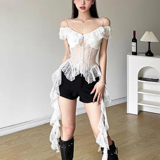 Spicy girl style pure sensual lace patchwork see-through halter top, black fungus lace short top