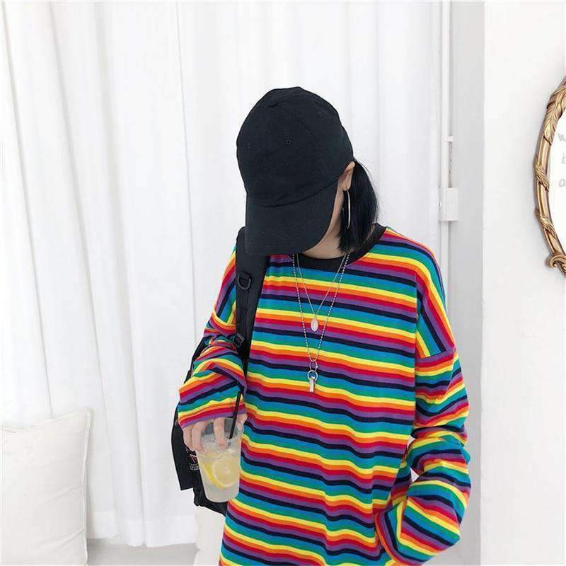 Cute girl rainbow stripes loose wild long-sleeved T-shirt