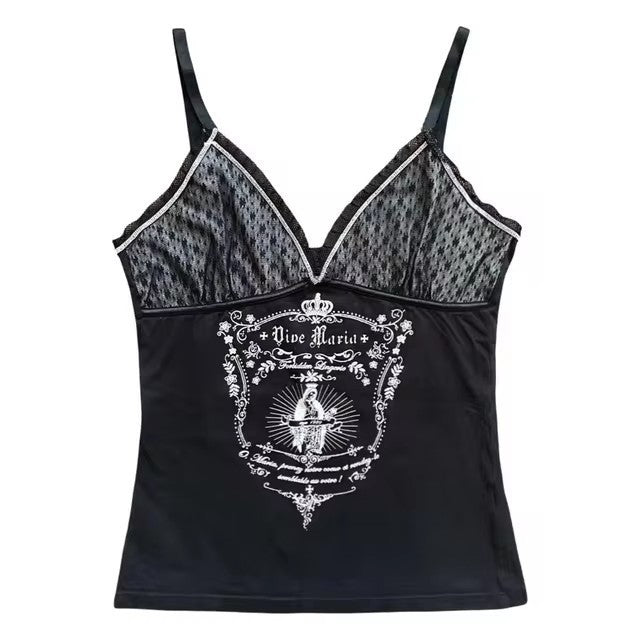 Bow Lace Trim Printed Sleeveless Tank Top