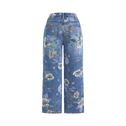 Women's Printed Denim Spring And Autumn Straight Wide-leg Pants