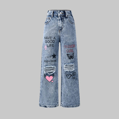 Snowflake Water Washed Hole Printed Wide-leg Jeans