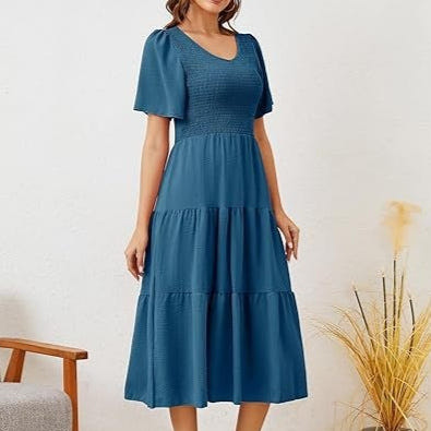 Spring Summer Short Sleeve V-Neck Ruffled Dress