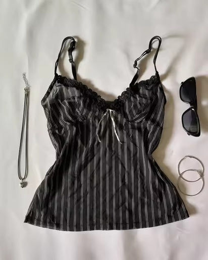 Bow Lace Trim Printed Sleeveless Tank Top