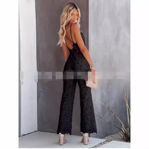 Women's , form-fitting sleeveless halter with backless solid color lace jumpsuit